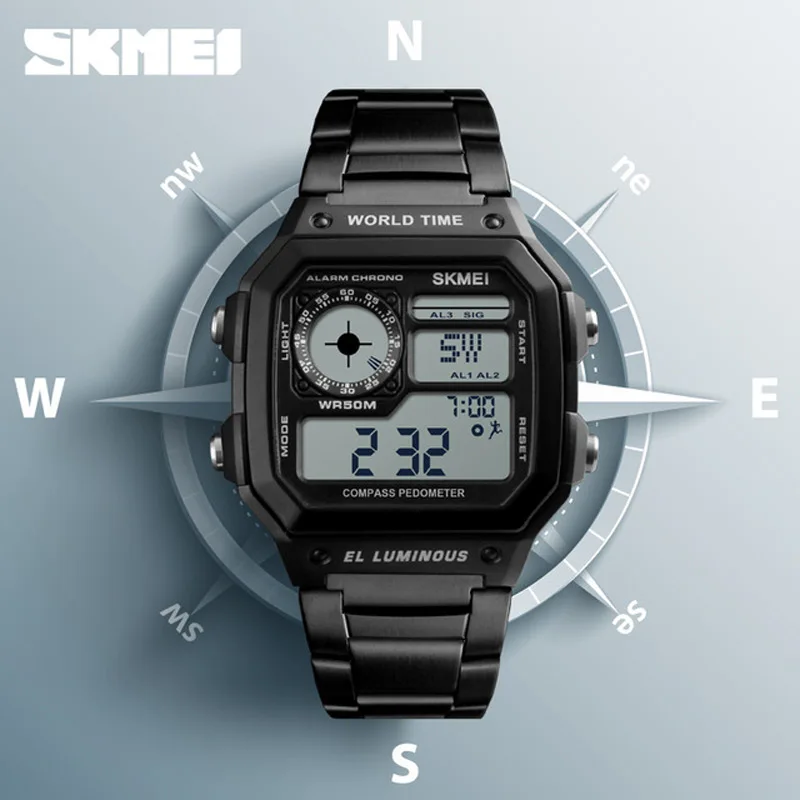 Спортивные часы SKMEI Compass мужские модные цифровые с шагомером водонепроницаемые