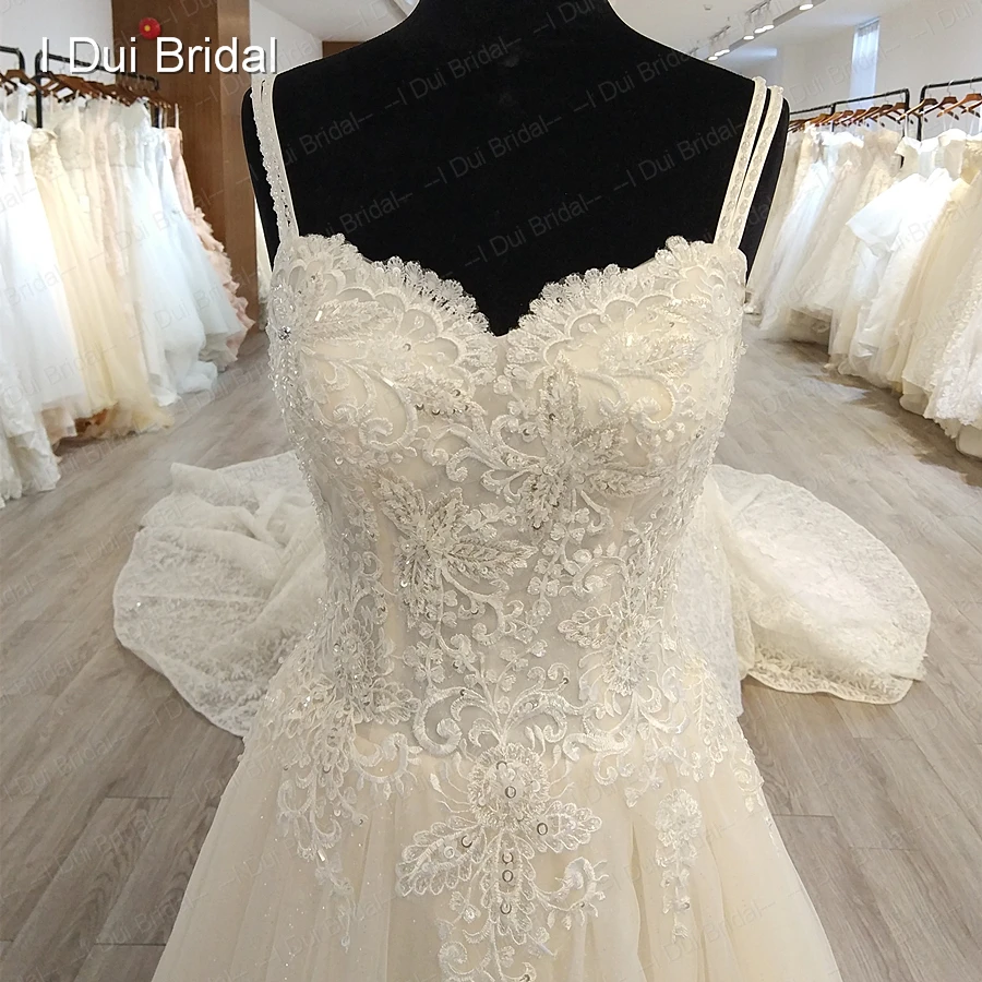 Unique Lace Tulle Wedding Dress A Line Spaghetti Double Strap Bridal Gown High Quality Custom Made