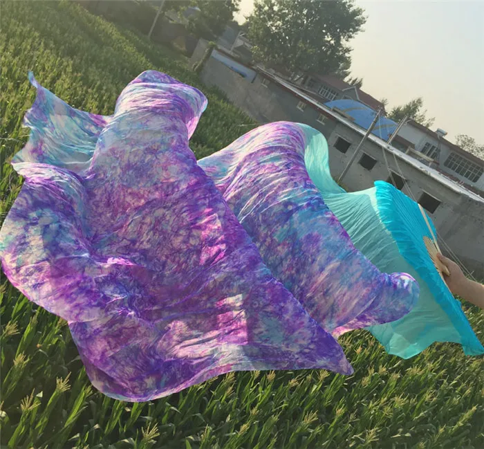 1 Pair(L+R) Belly Dance Silk Fan Veil Worship Art Bamboo Long Fans Tie Dyed Flower 47&quot/59&quot/71&quot/83&quot Free Shipping |