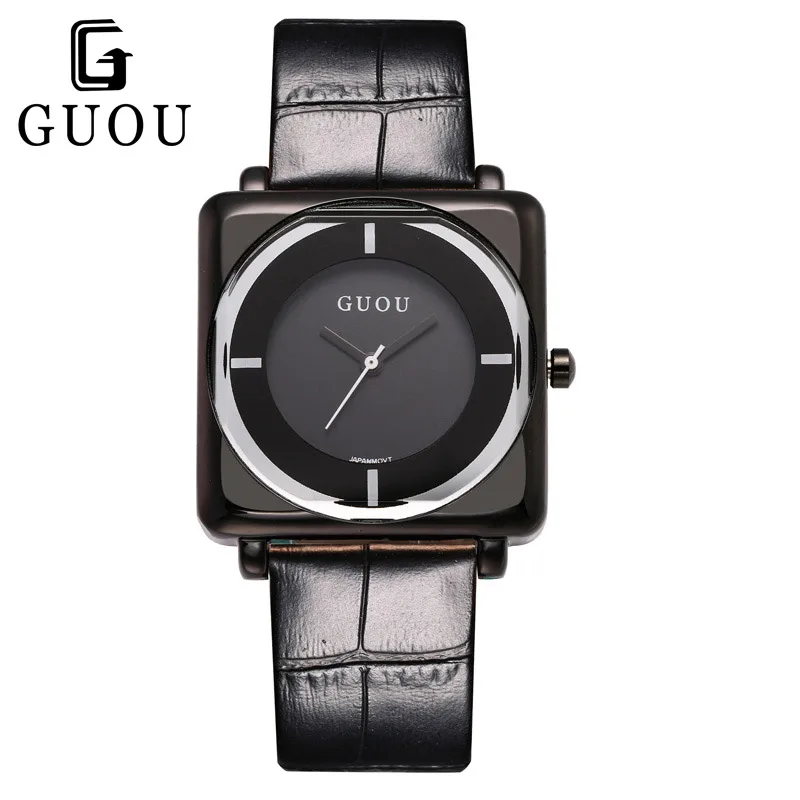 GUOU Square Dial Wrist Watches for Women Fashion Casual Dress Simple Leather Quartz Ladies Wristwatch Clock zegarki damski Black | Наручные