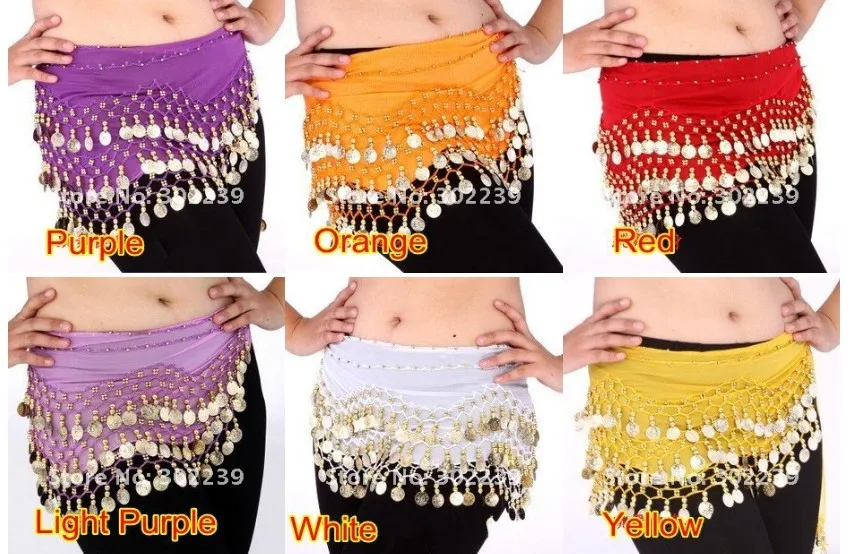 100pcs high quality chiffon  Egypt belly dance fitness costume wear hip wraps 128 coins belt chain +2pcs for free gifts new year