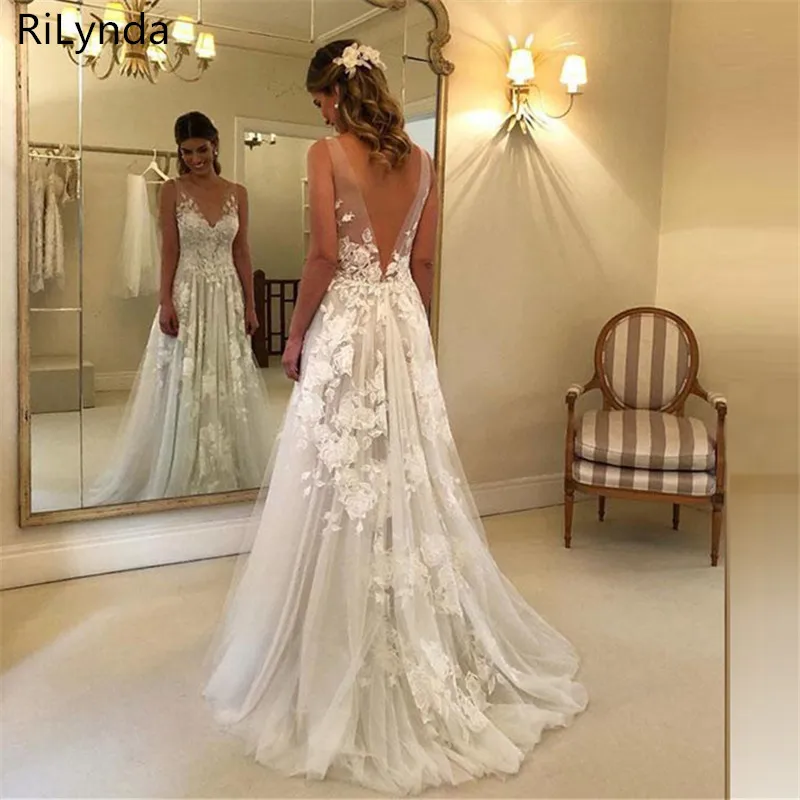 

Sexy Wedding Dresses Long V Neck Party Gowns Back Deep V Appliques Vestido De Noiva Vestido De Novia Fotos Reales