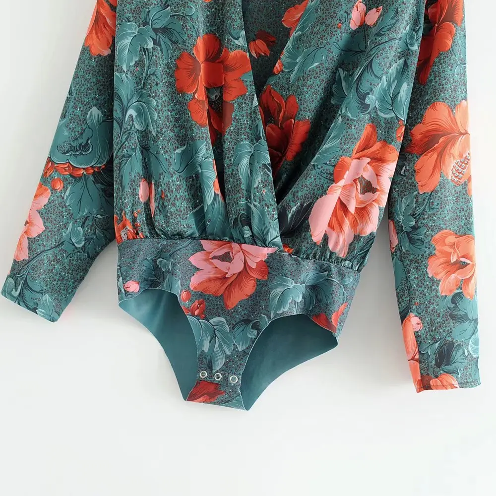 NSZ Women Sexy Bodysuit Print Floral Pleated Elastic Waist Deep V Neck Long Sleeve Party Bodysuits |