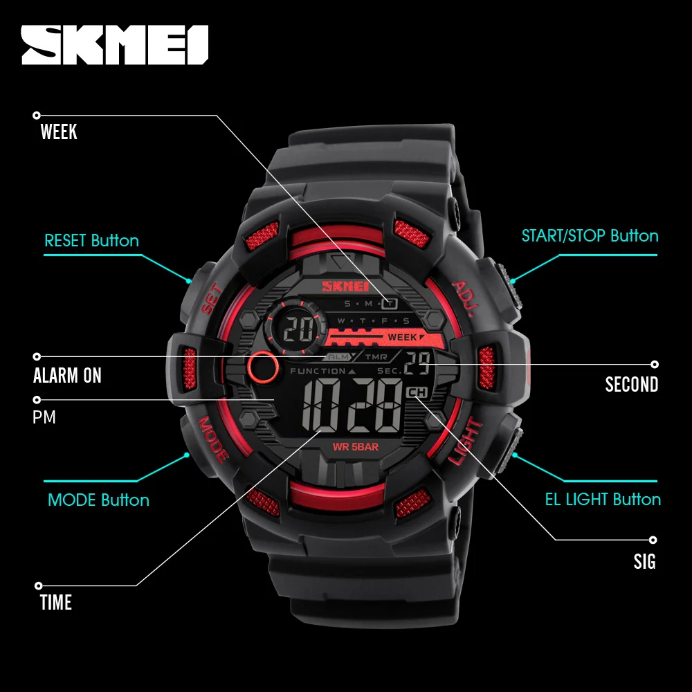 SKMEI модные спортивные часы для мужчин светодиодный дисплей двойное время 50 м водонепроницаемые часы мужские часы Relogio Masculino уличные спортивные часы