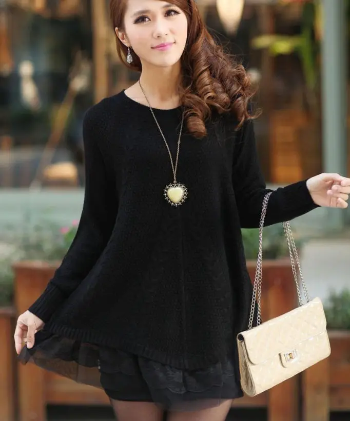 Кружевное женское платье-свитер большого размера с длинным рукавом розовый