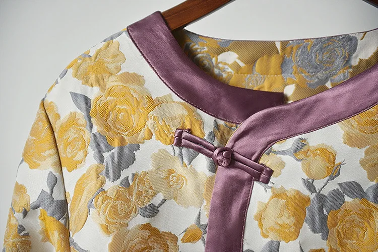 Cheongsam ретро-табличка пуговицы жаккардовый принт рубашка Женская китайская чайная служба Китайская одежда костюм женский
