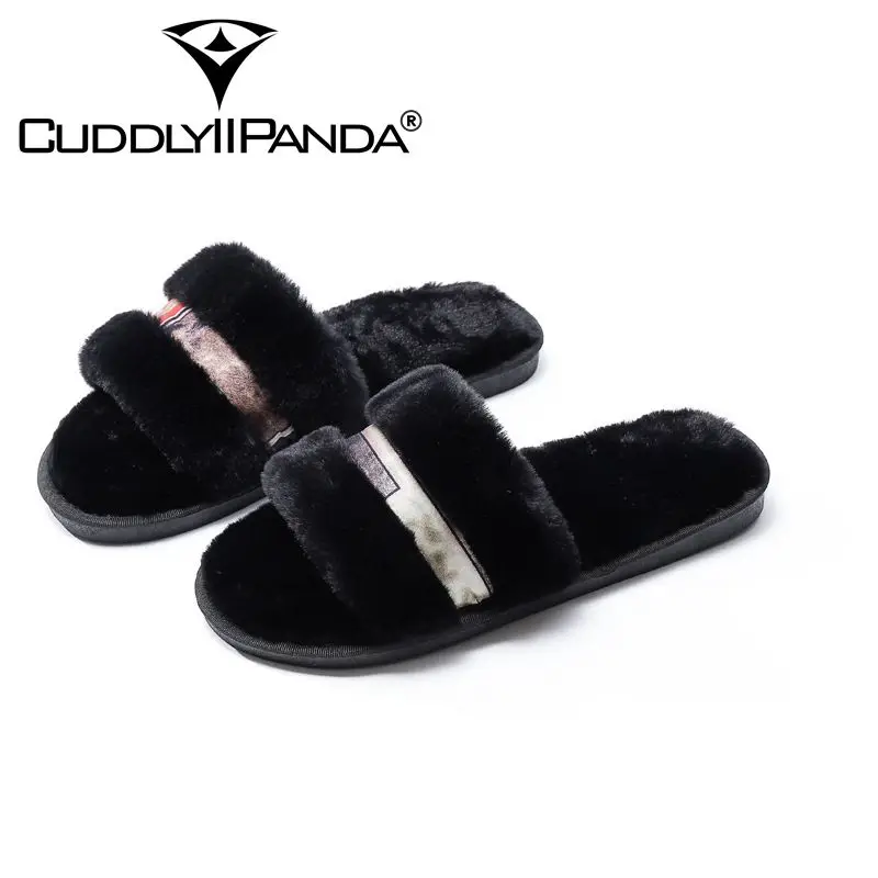 

CuddlyIIPanda Women Warm Flip Flops Female Autumn Winter Faux Fur Ladies Slip on Sliders Flat New Fashion Female Casual Slippers
