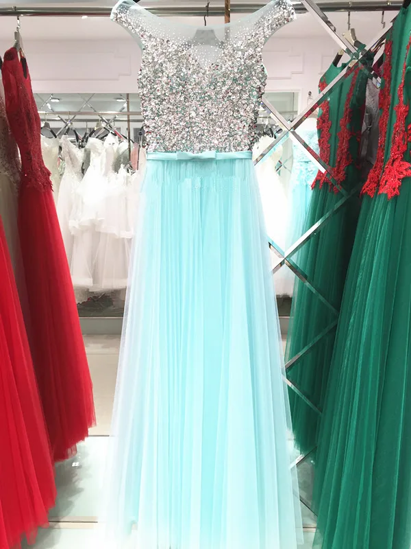sky blue Vestidos de Fiesta Длинные вечерние платья королевский синий тюль ТРАПЕЦИЕВИДНОЕ официальное длинное платье с круглым вырезом размера плюс - Цвет: sky blue