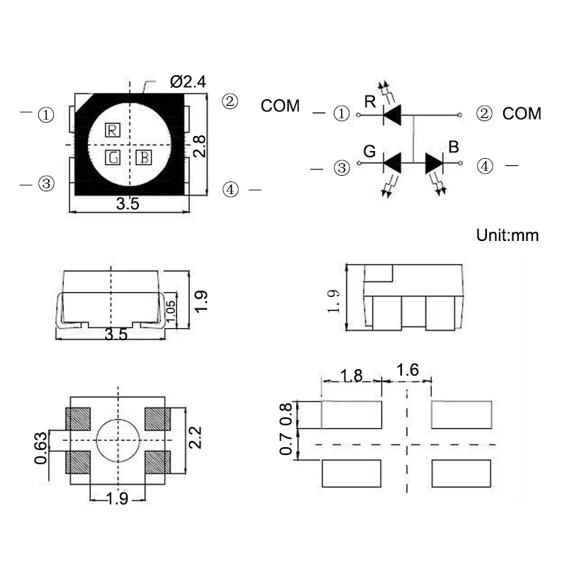 Светодиодный общий анод SMD 3528 RGB 100 шт. 20 мА SMT чип триколор (красный зеленый синий)
