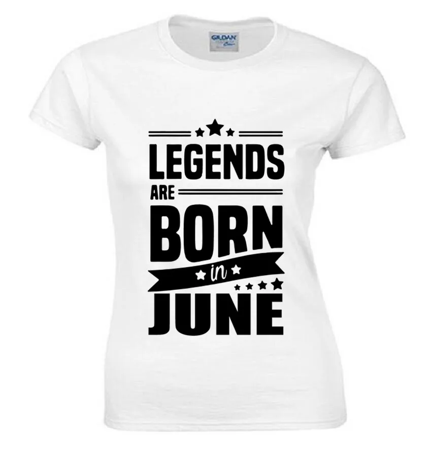Летняя женская футболка с принтом надписью Легенды рождены в июне забавный