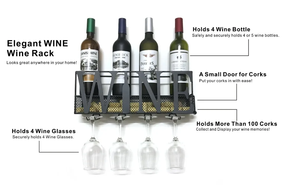 Металлическая настенная полка для вина шампанского с 4 длинными