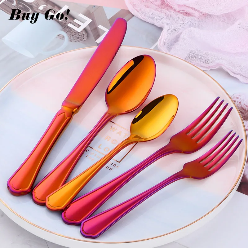 

5-35PCS Stainless Steel Red Plated Flatware Set Dinner Spoon and Fork Set Luxery Kitchen Utensils Tableware Cutlery Sets