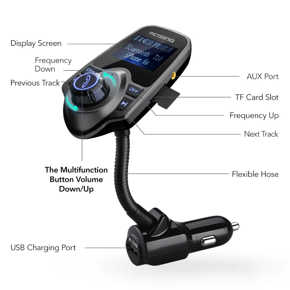 VicTsing беспроводной FM Bluetooth передатчик модулятор Автомобильный комплект 1,4" экран громкой связи USB MP3 музыкальный плеер с TF/Micro SD картой
