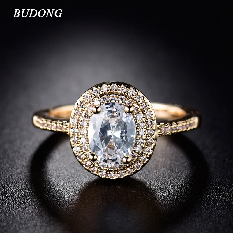 Женское кольцо на палец BUDONG романтичное Золотое с двойным Halo и большим белым