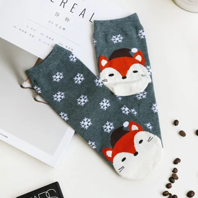 1Pair 1/2 пары, милые рождественские носки с животными, зимние хлопковые короткие носки с изображением лося и лисы, подарок на год, милые носки с мультипликационным принтом, забавные короткие носки для девочек - Цвет: 1Pair