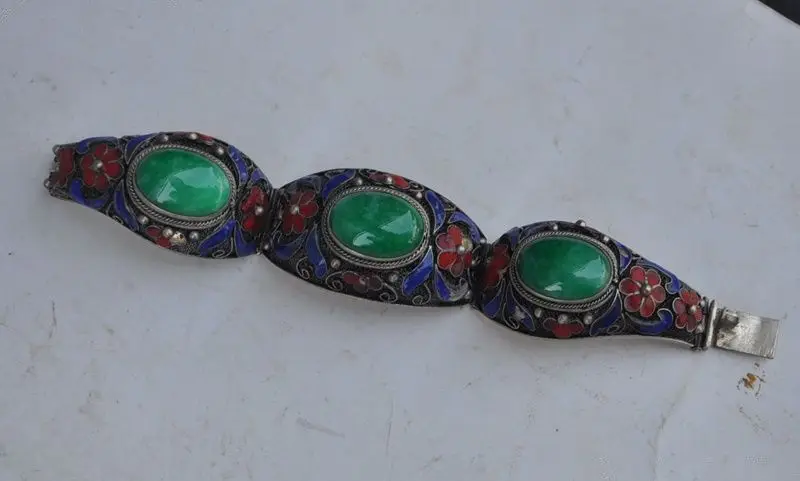 

China's Tibet dynasty palace cloisonne silver inlaid jade bracelet, too