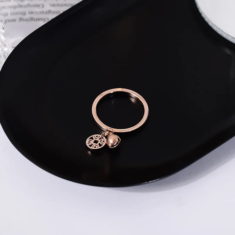 

YUN RUO Lucky Copper Coin Bell Rings Couple Rose Gold Color Woman Birthday Gift Party Fashion Titanium Steel Jewelry Never Fade