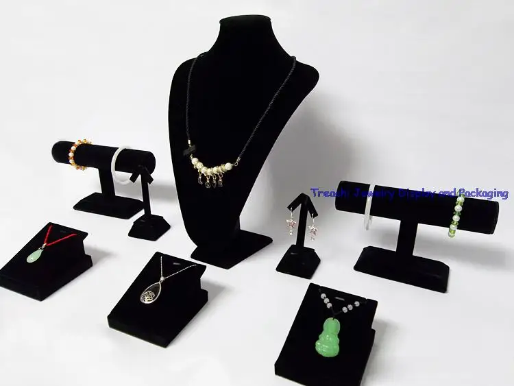 

Organizer Mannequin Black Velvet Wood Jewelry Display Set Showcase For Earring Necklace Pendant Stand Holder Rack Case