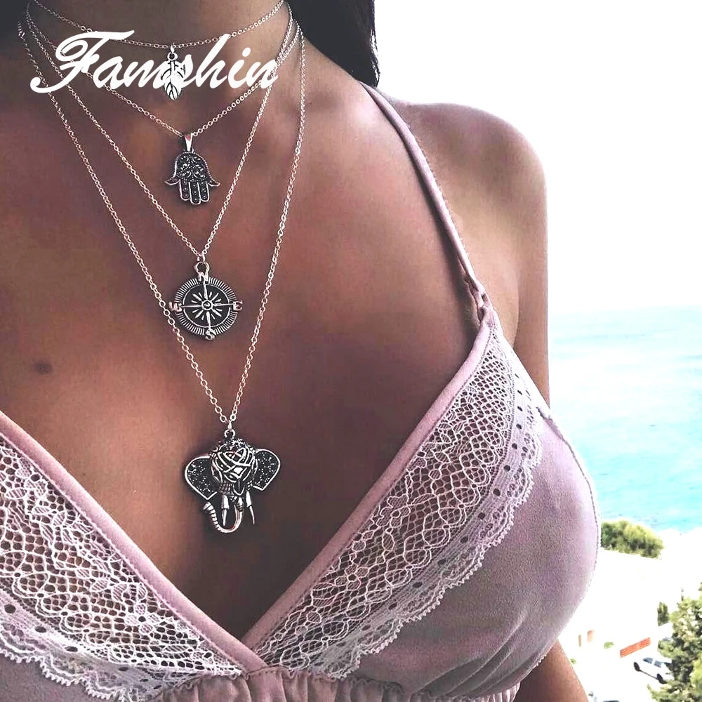 FAMSHIN винтажное ожерелье-компас в виде листьев слона 4 слоя ювелирное ожерелье
