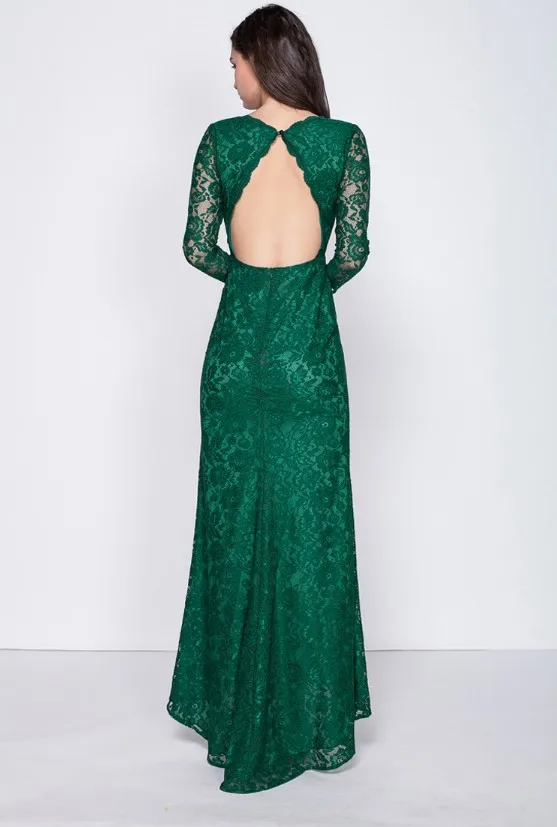 Женское длинное вечернее платье зеленое кружевное с круглым вырезом TK567 2019 |