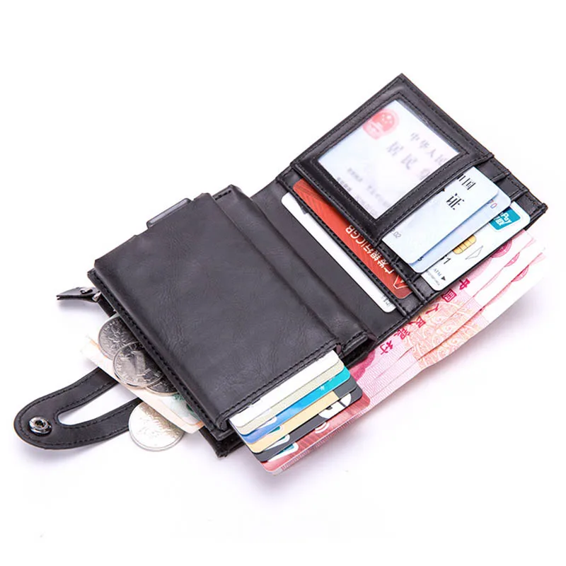 

2021 New Fashion Card Holder PU Leather RFID Double Box Mini Wallet Retro Business Metal Travel Wallet Credit Card Holder
