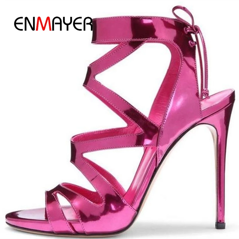 

ENMAYER Lace-Up Zandalias De Verano Mujer Woman Shoes Gladiator Sandals Women High Heel Sandals Size 34-43 ZYL2573