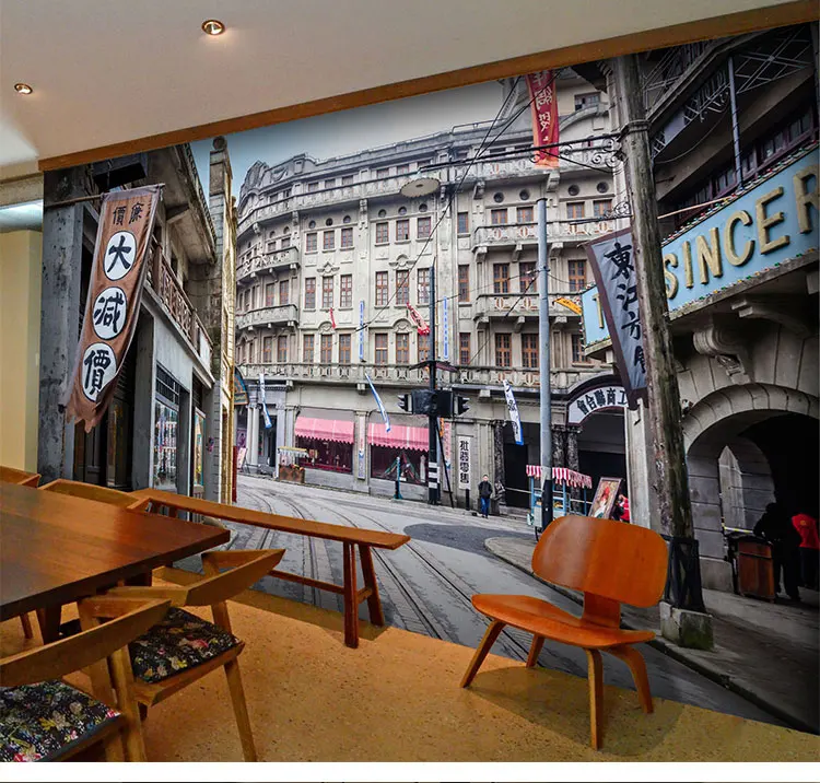 

Custom vintage 3D wallpaper theme nostalgia of old Shanghai street cafe tea shop Internet cafe large mural wallpaper art gallery