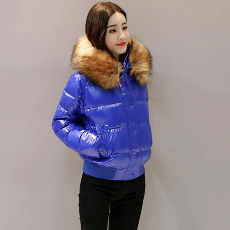 blue Зимнее новое яркое пальто Женская Корейская короткая пуховая хлопковая стеганая Толстая куртка с большим меховым воротником Студенческая куртка женская 448 - Цвет: blue