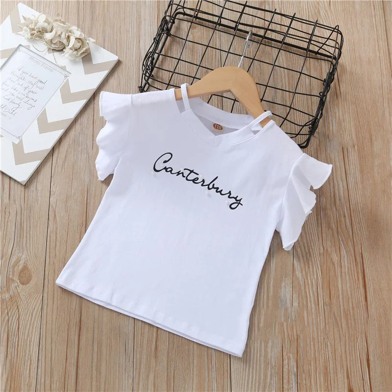 Летние комплекты одежды для девочек Детская футболка с принтом + широкие штаны