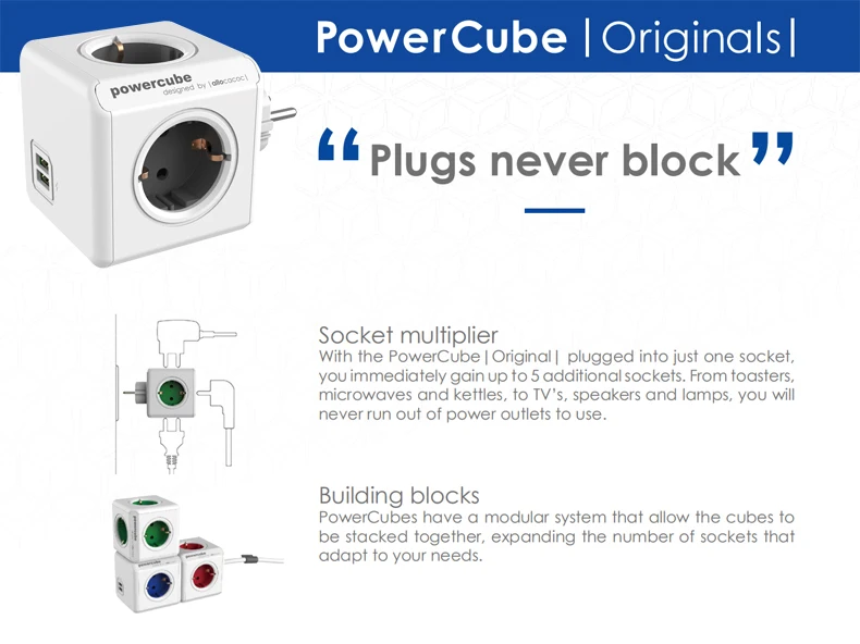 Allocacoc powercube розетка с usb удлинитель электрический пробка розетки заглушки для переходник розеток силовой куб силовая полоса мультирозеточный удлинитель ЕС электрическая 16A 2.1A Домашнее использование зарядка