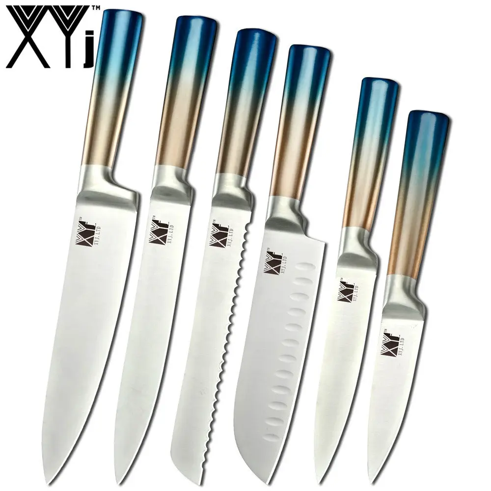 B. XYj 6pcs Stainless Steel Knives Set Multi-color Handle Chef Bread Slicing Utility Santoku Paring Knives Cooking Tools - Цвет: B.