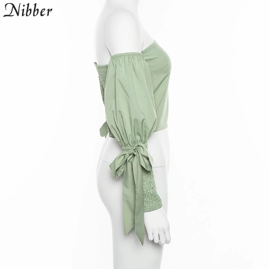 Nibber2019осенняя Мода с открытыми плечами укороченные топы женские футболки с вырезом лодочкой элегантные вечерние Топы повседневные футболки с длинным рукавом femme