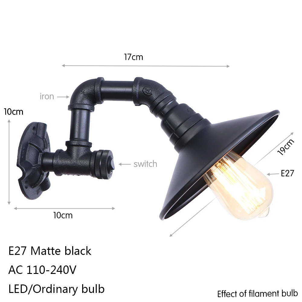 Винтажная металлическая окрашенная черная настенная лампа E27 LED 220V водопроводная