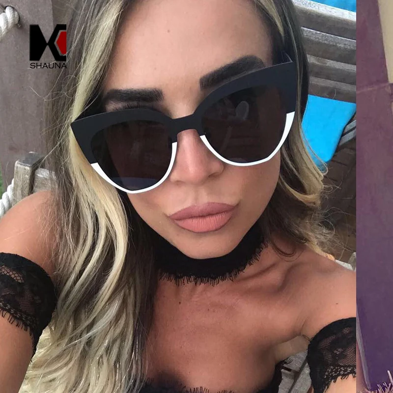 SHAUNA модные двухцветные женские солнцезащитные очки кошачий глаз с металлической оправой UV400