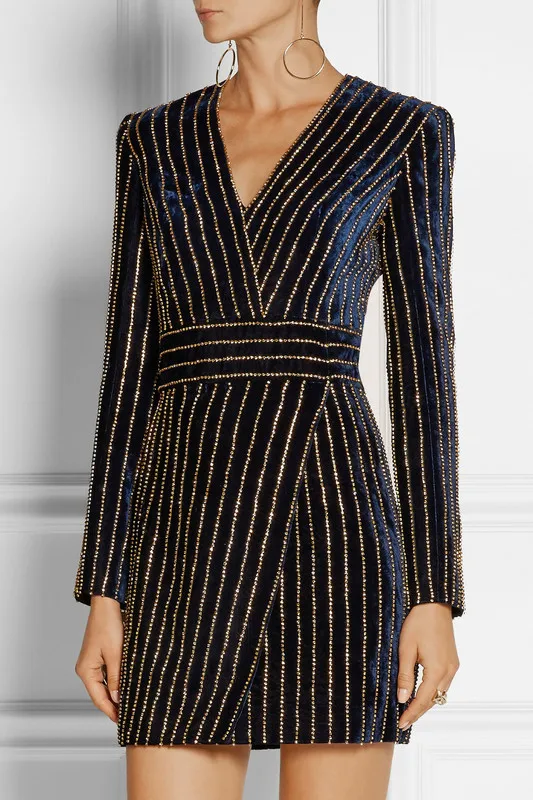 Высокое Качество Знаменитости С Длинным Рукавом V образным Вырезом Кристалл