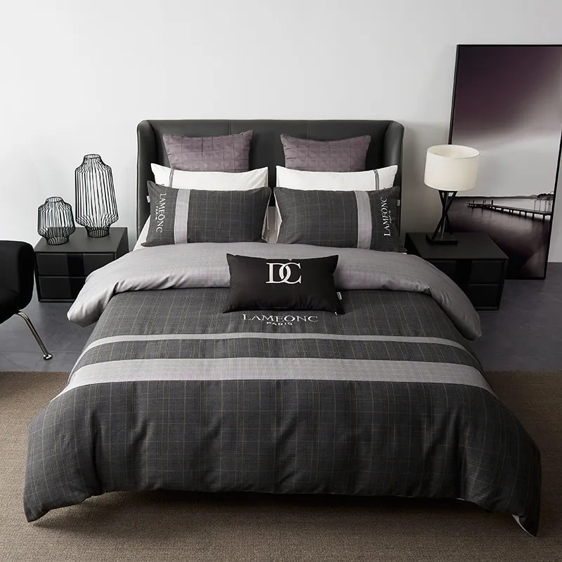 Bedding Set Простой деловой стиль, 4 шт., комплекты постельного белья, темно-коричневый плед, хлопок, Скандинавское одеяло, покрывало, простыня, набор, королева, король, размер, набор постельного белья для взрослых - Цвет: Bedding Set