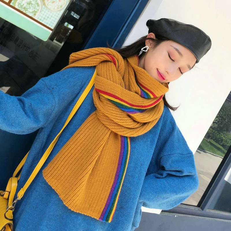 Модный женский шарф Радужный Цветной полосатый вязаный однотонный студенческий