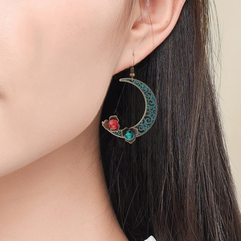 Женские винтажные этнические серьги MYWINY OWN DESIGN crescent moon красные и синие
