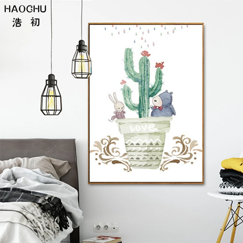 Акварельная живопись на холсте HAOCHU милое изображение животных мультфильмы