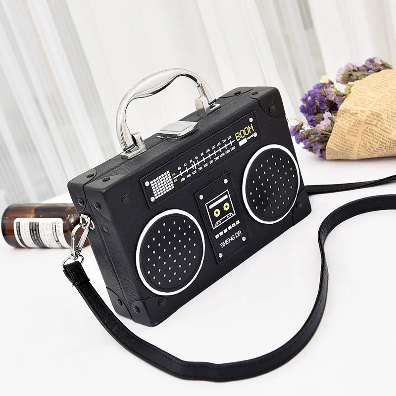Summer Radio Tape Prints Mini Crossbody Bags for Women Box Shaped Shoulder Bag PU Leather Small Purses Vintage Flap Handbags - Цвет: black