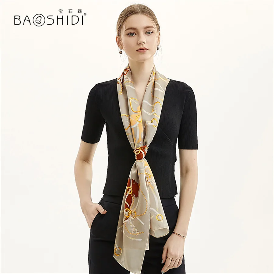 [BAOSHIDI] роскошный бренд шелковый длинный шарф, женская шелковая атласная Модная шаль, женский элегантный мягкий весенний натуральный шелковый шарф - Цвет: 1023182180