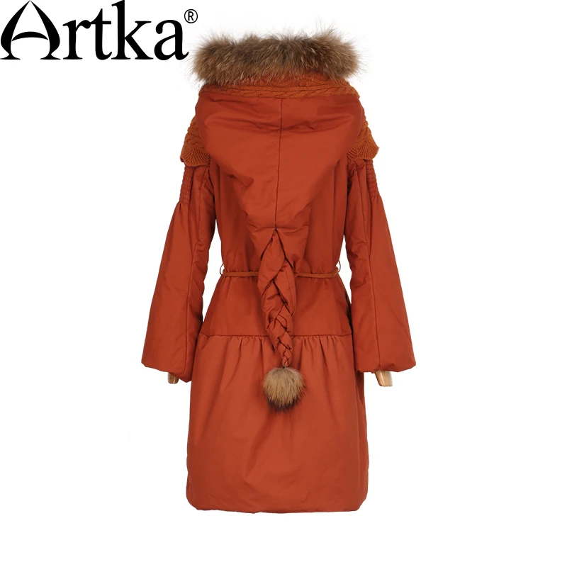 ARTKA, женские зимние парки, мех енота, с капюшоном, зимняя куртка для женщин, рукав-фонарик, толстое теплое длинное пальто с поясом, MA10152D