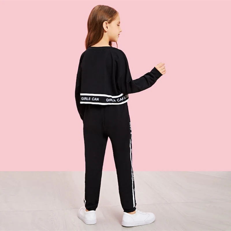 SHEIN/Повседневный пуловер с надписью и штаны для девочек; комплект одежды для детей; коллекция года; весенняя одежда для активного отдыха; одежда с длинными рукавами для девочек