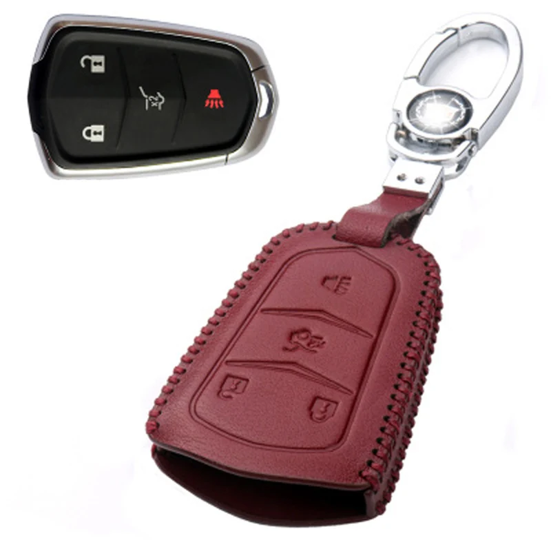 

Genuine PU Leather 4 Button Remote Key Bag Case Fob Holder Chain For Cadillac Series