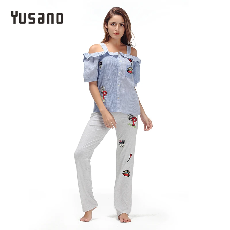 Yusano 2017 Pajamas Women Embroidery Camisole Short Sleeve Ruffle Sleepwear Girl Blue Pink Stripe Homewear Cotton Top+Long Pants | Женская