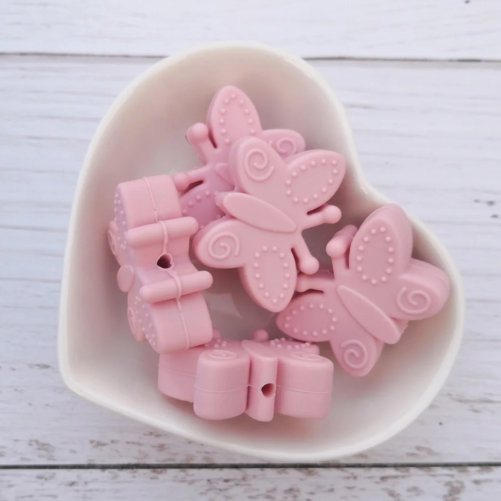 rose quartz 10 шт. Силиконовые Прорезыватели в форме бабочек, Бисероплетение без бисероплетения, сделай сам, свободные бусины для прорезывания зубов, ожерелье в форме животного, держатель для соски, аксессуары - Цвет: rose quartz