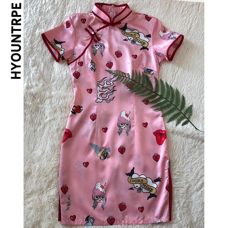 Модные платья Cheongsam с милым принтом в китайском стиле женские атласные Qipao