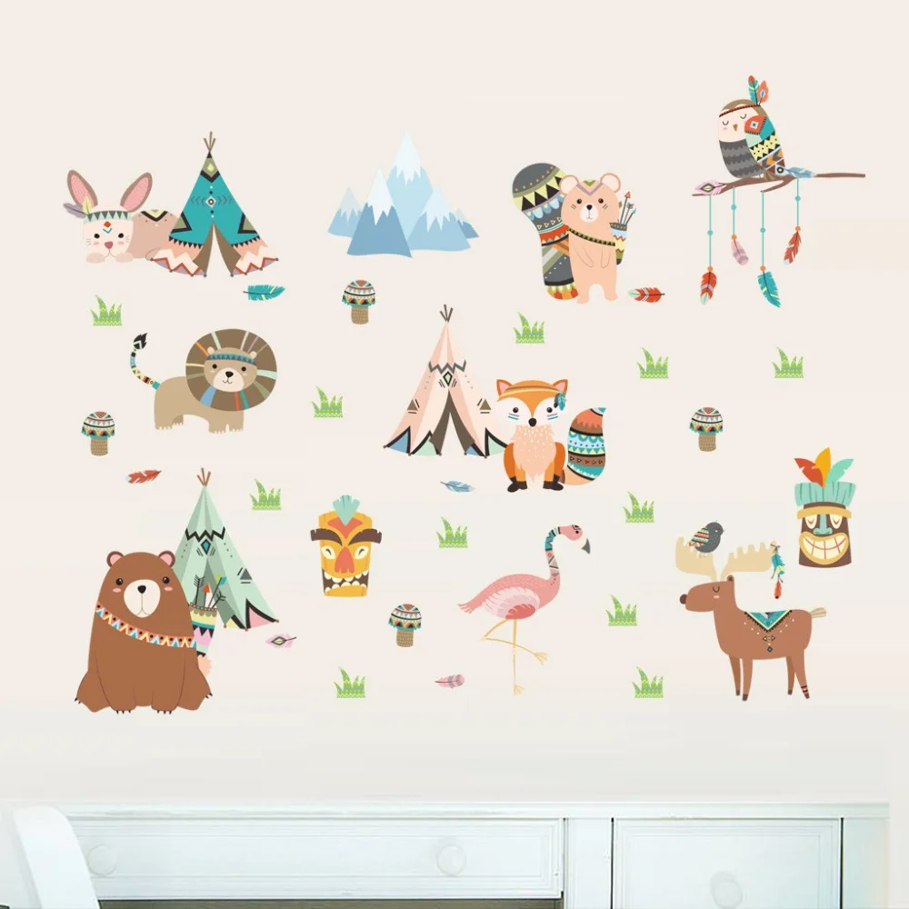 Indian style cartoon animals wall stickers kids room bedroom nursery decor decals eco-friendly diy wallpaper art murals dc8 | Дом и сад