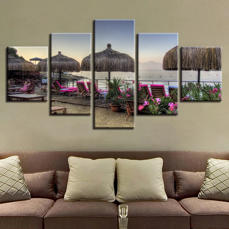 

Art Modern HD Printing 5 Pieces Sun Chair And Flower Landscape Pictures Modular Canvas Paintings Living Room Wall Frame Decor