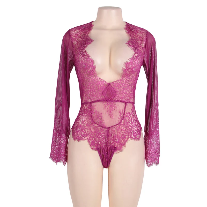 rosy bodysuit Кружева с длинным рукавом Ультра-тонкий прозрачный сексуальный Боди Dentelle Femme черный розовый летний Глубокий V шеи сетки боди RS80400 - Цвет: rosy bodysuit